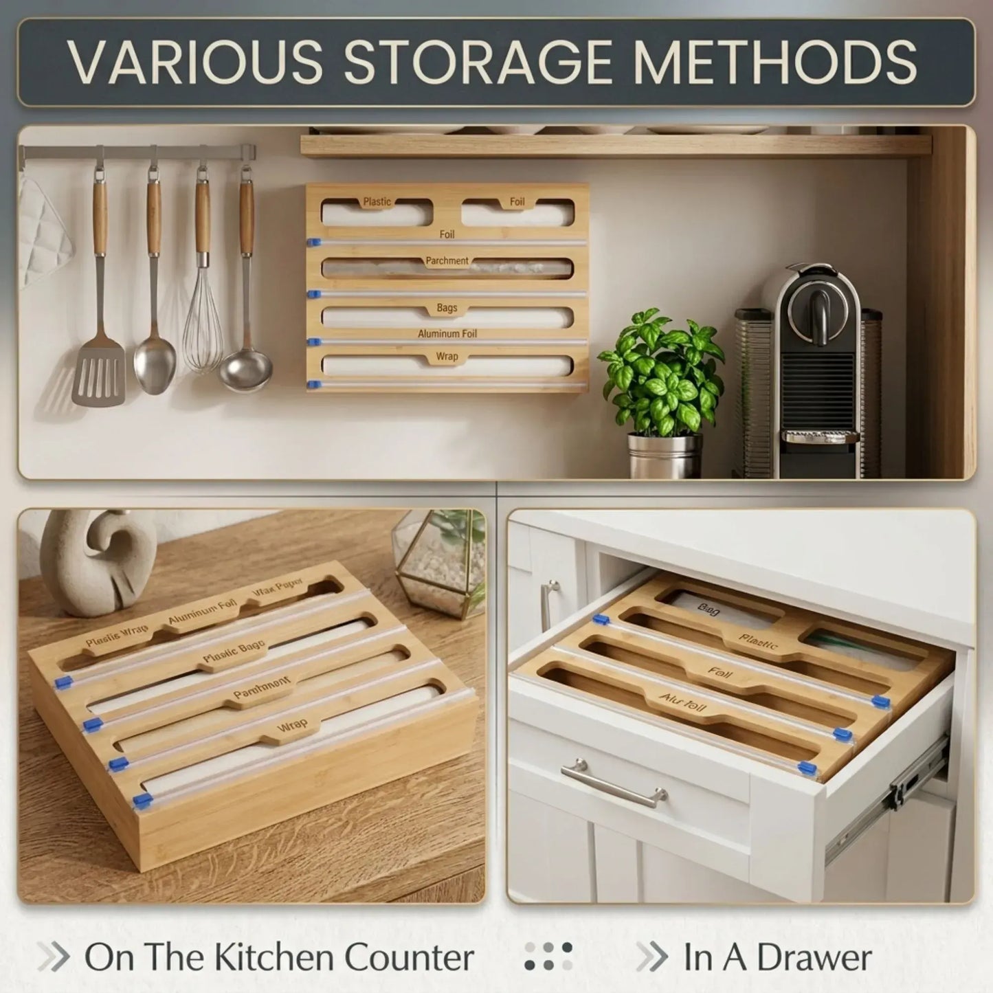 CARLA HOME Bamboo Wrap Organiser, 5 in 1 Dispenser with Cutter for Kitchen - Image 3