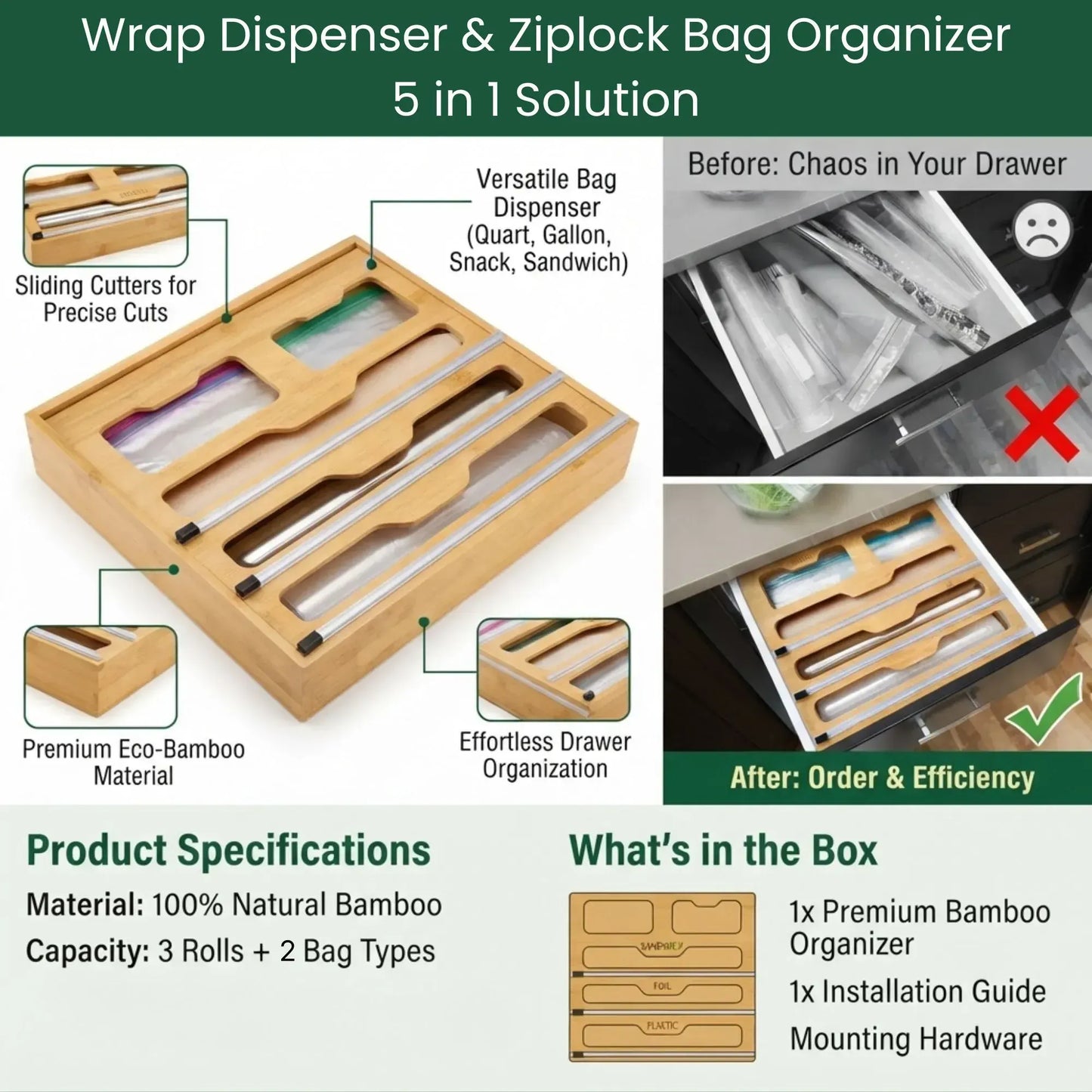 CARLA HOME Bamboo Wrap Organiser, 5 in 1 Dispenser with Cutter for Kitchen - Image 4