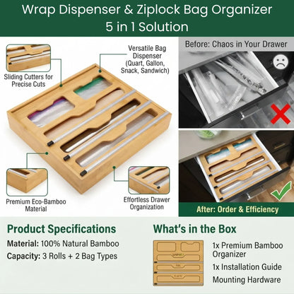 CARLA HOME Bamboo Wrap Organiser, 5 in 1 Dispenser with Cutter for Kitchen - Image 4