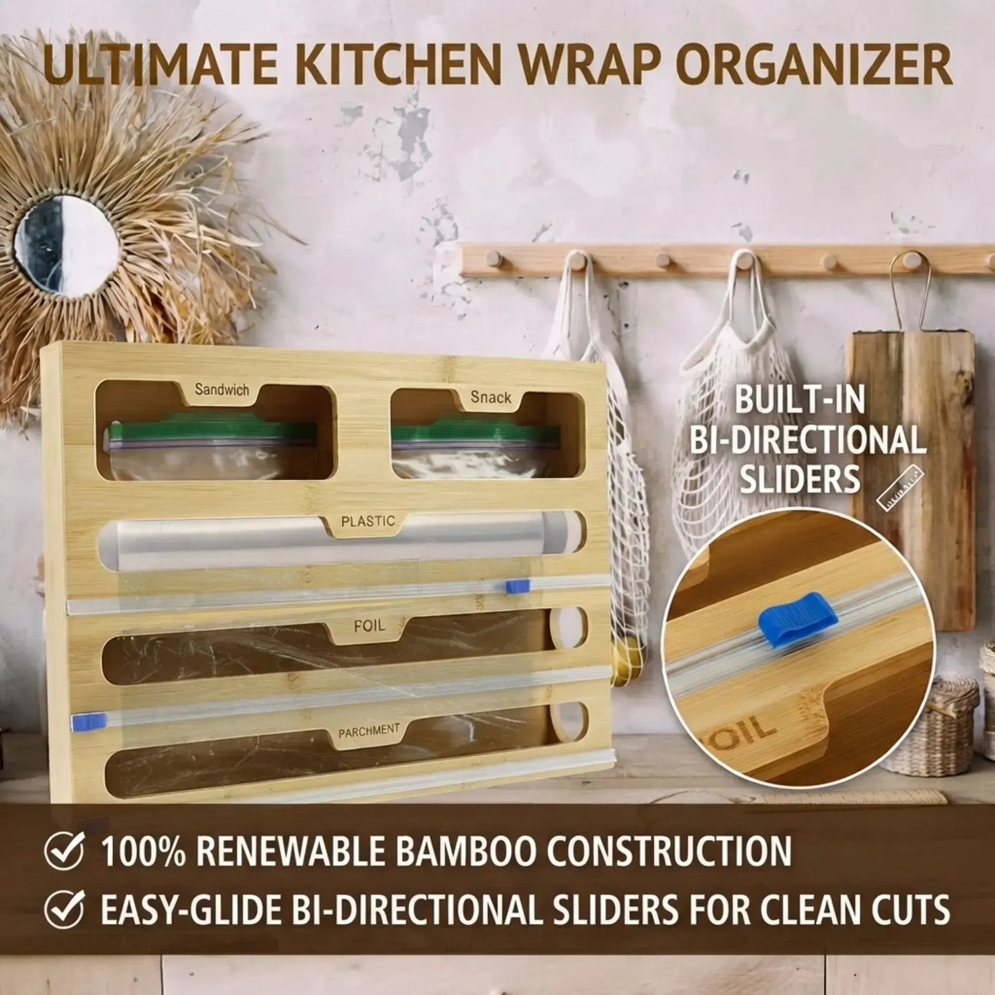 CARLA HOME Bamboo Wrap Organiser, 5 in 1 Dispenser with Cutter for Kitchen - Image 6