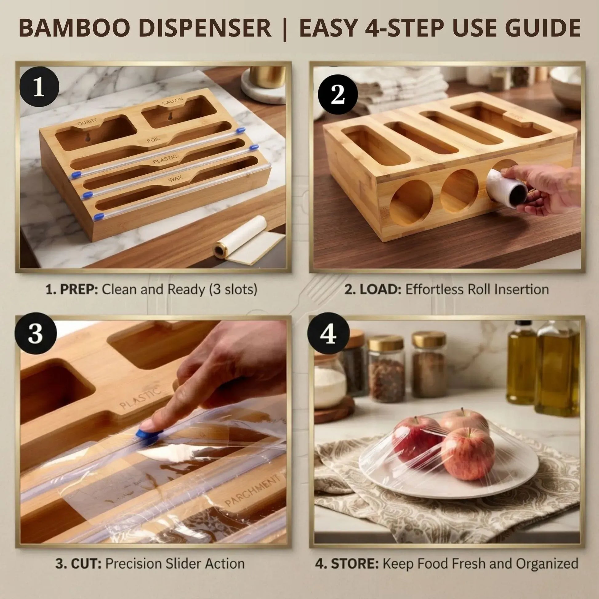 CARLA HOME Bamboo Wrap Organiser, 5 in 1 Dispenser with Cutter for Kitchen - Image 7