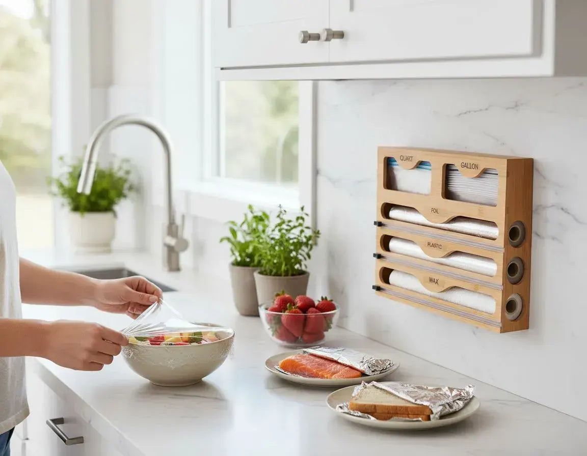 CARLA HOME Bamboo Wrap Organiser, 5 in 1 Dispenser with Cutter for Kitchen - Image 9