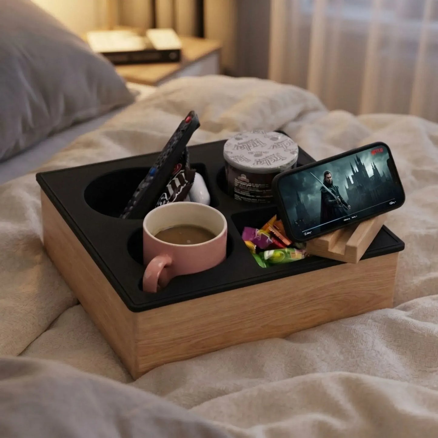 CARLA HOME Couch Cup Holder Tray, Wood Sofa Caddy, Antislip , Living Room - Image 2