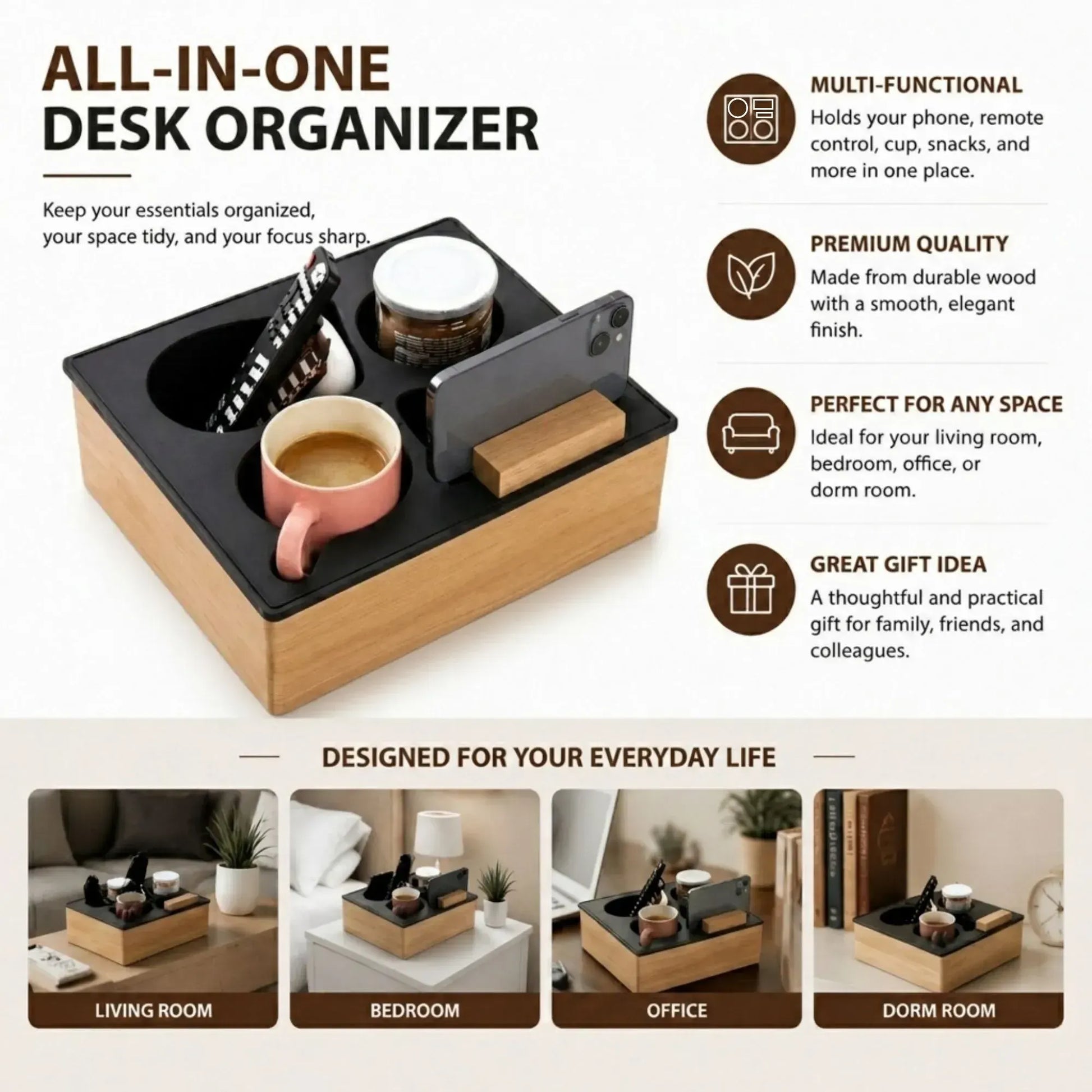 CARLA HOME Couch Cup Holder Tray, Wood Sofa Caddy, Antislip , Living Room - Image 3