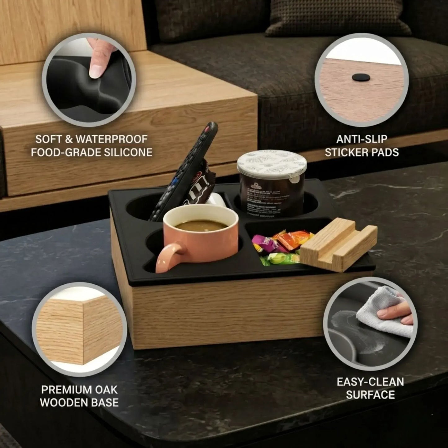 CARLA HOME Couch Cup Holder Tray, Wood Sofa Caddy, Antislip , Living Room - Image 5