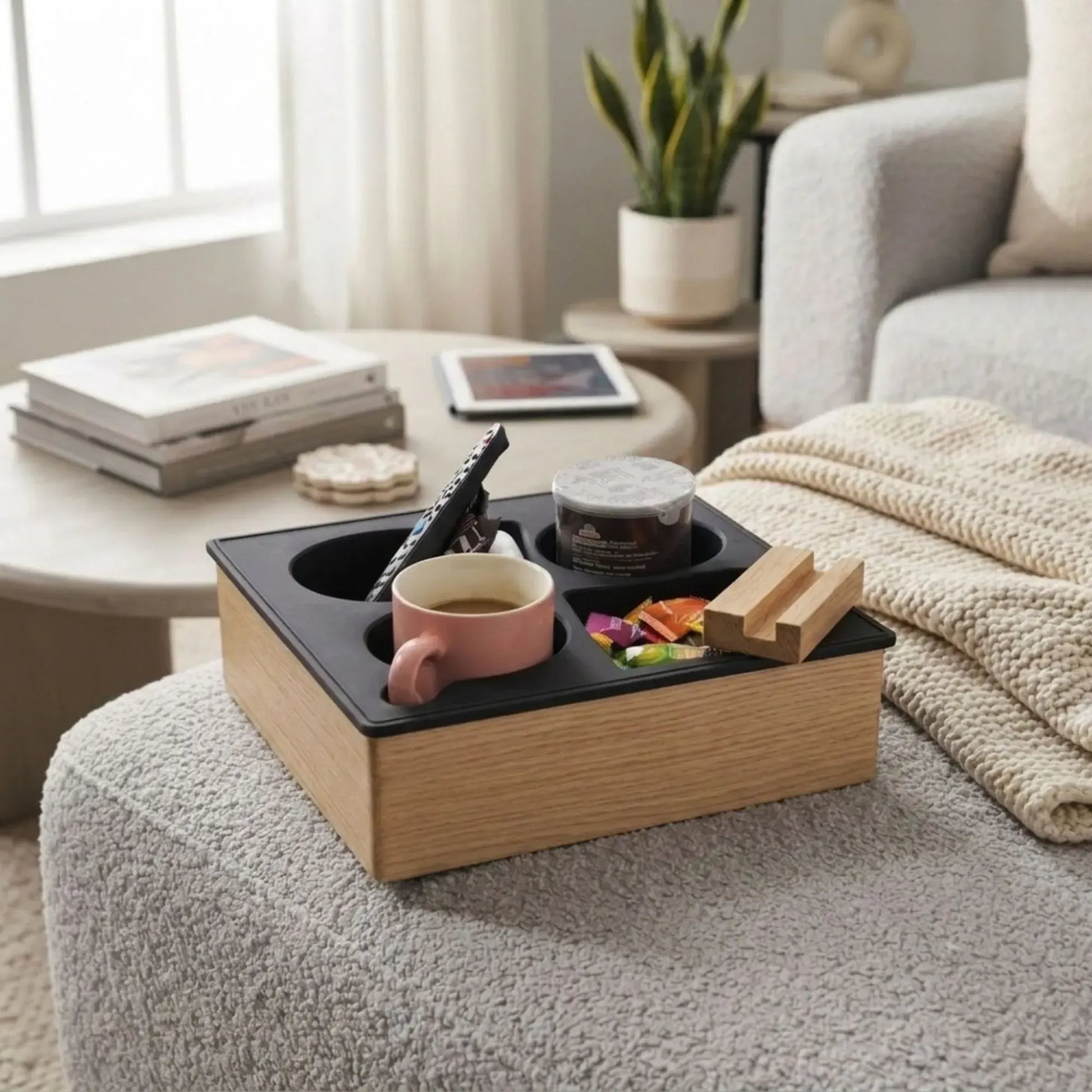 CARLA HOME Couch Cup Holder Tray, Wood Sofa Caddy, Antislip , Living Room - Image 6