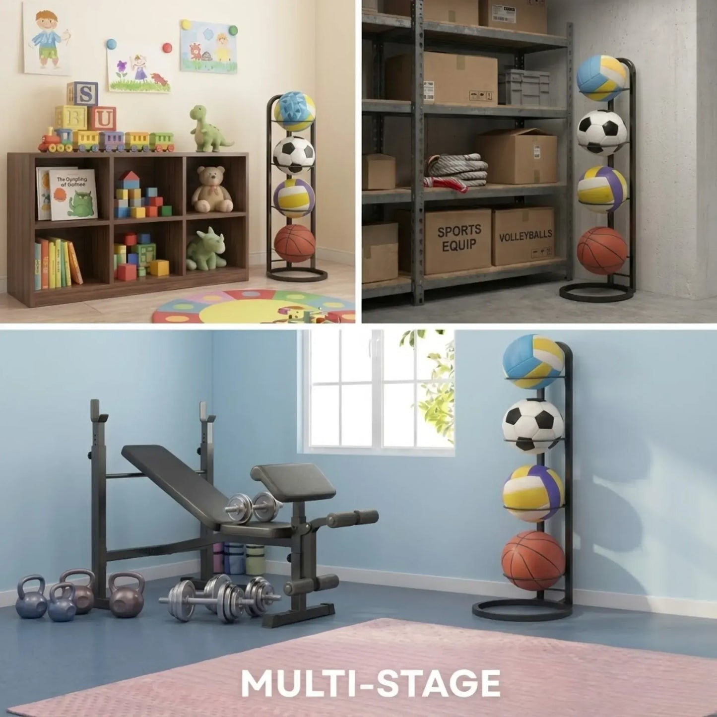 CARLA HOME 4 Tier Ball Storage Rack - Vertical Metal Stand - Black - Basketball Hoop - Image 6