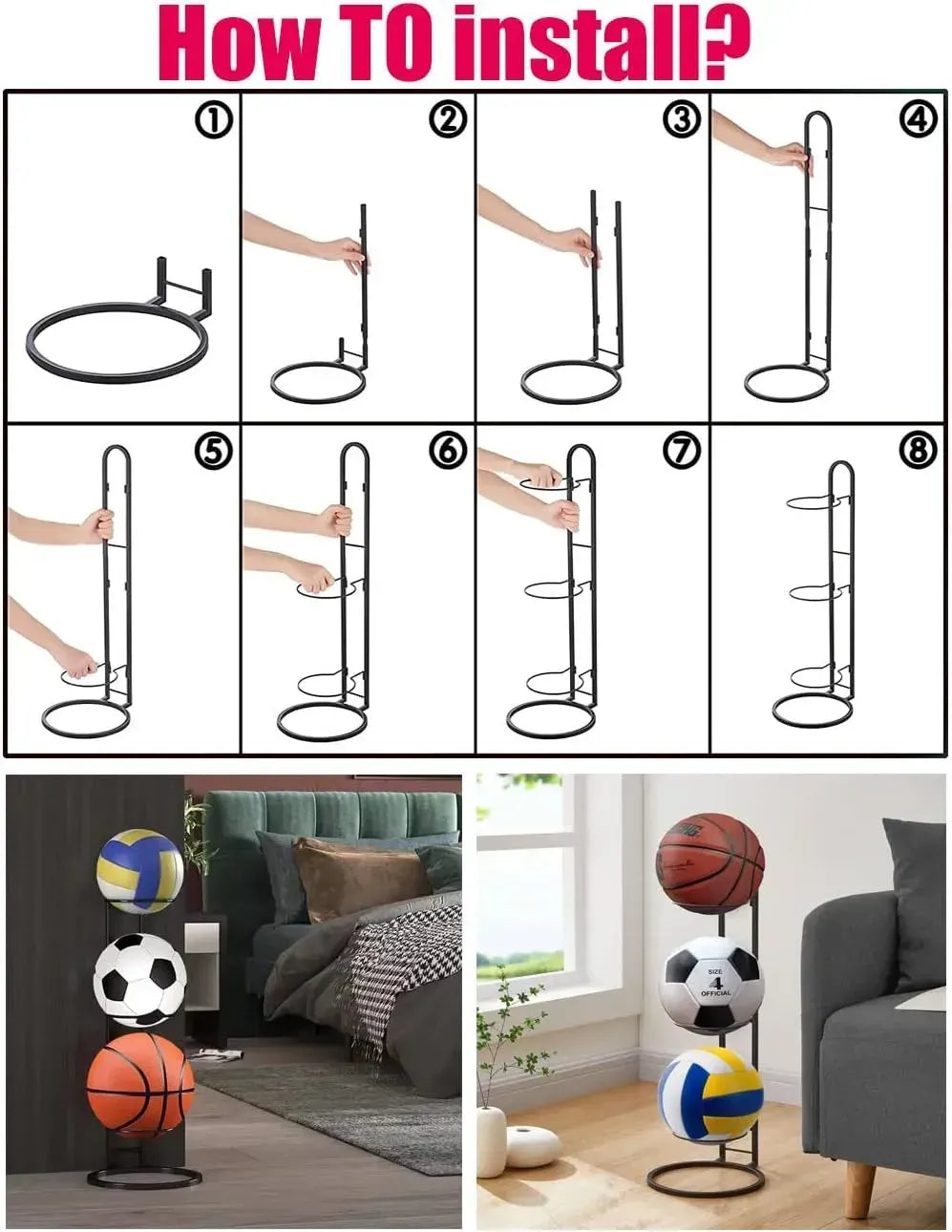 CARLA HOME 4 Tier Ball Storage Rack - Vertical Metal Stand - Black - Basketball Hoop - Image 8