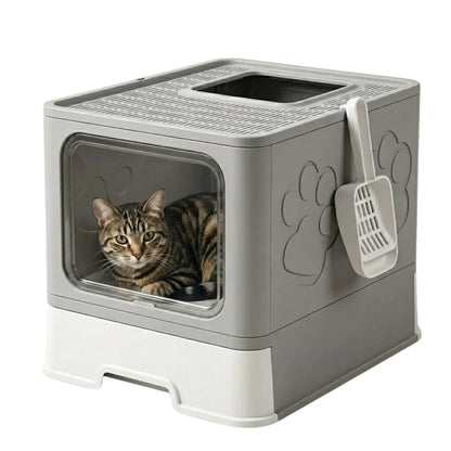 CARLA HOME Foldable Enclosed Cat Litter Box with Scoop - Grey - Plastic - Kitty Litter Tray