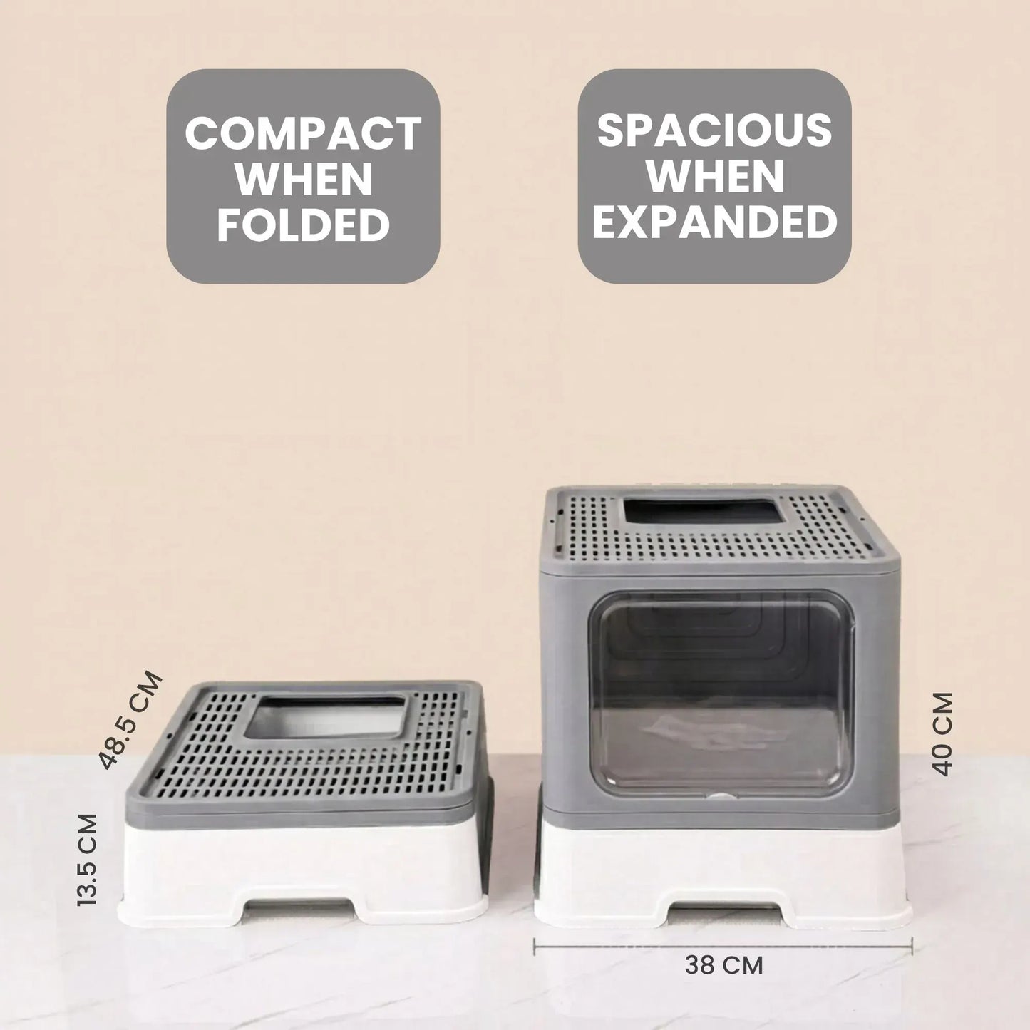 CARLA HOME Foldable Enclosed Cat Litter Box with Scoop - Grey - Plastic - Kitty Litter Tray - Image 4