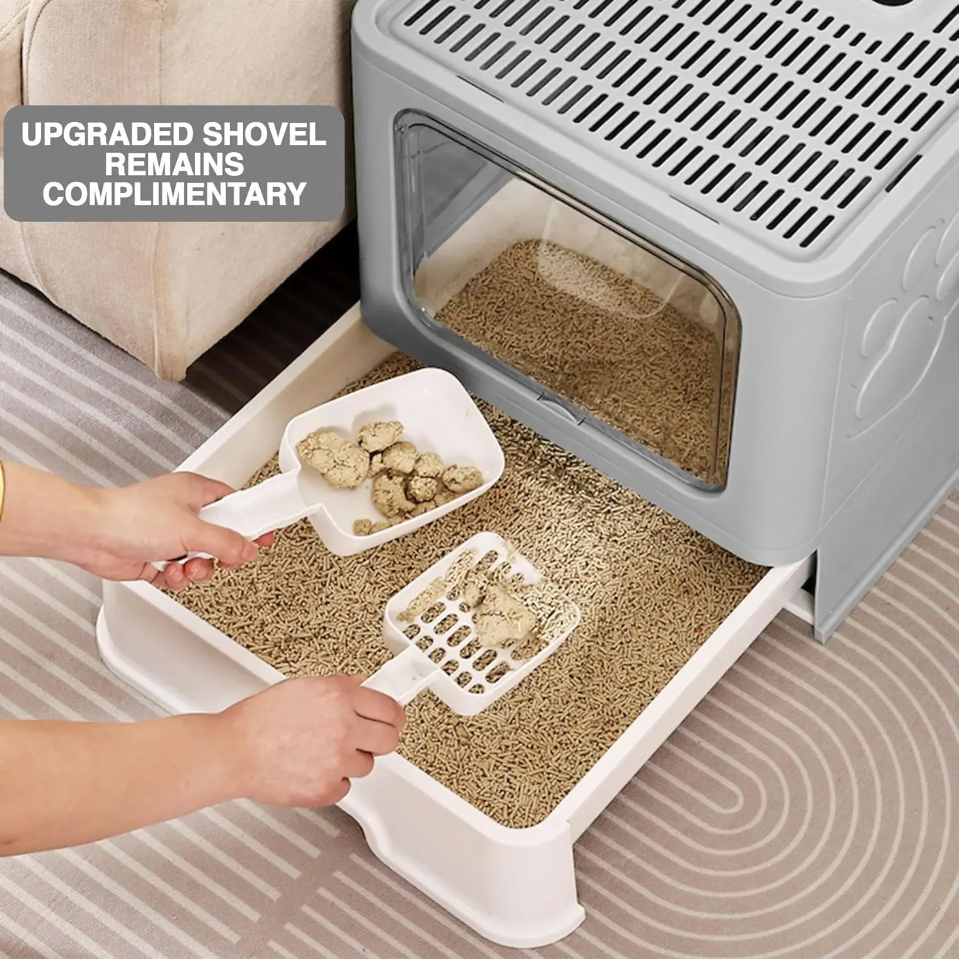 CARLA HOME Foldable Enclosed Cat Litter Box with Scoop - Grey - Plastic - Kitty Litter Tray - Image 5