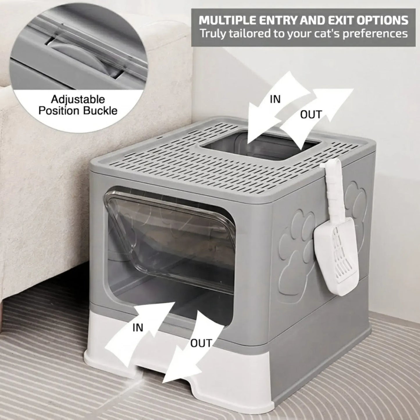 CARLA HOME Foldable Enclosed Cat Litter Box with Scoop - Grey - Plastic - Kitty Litter Tray - Image 6