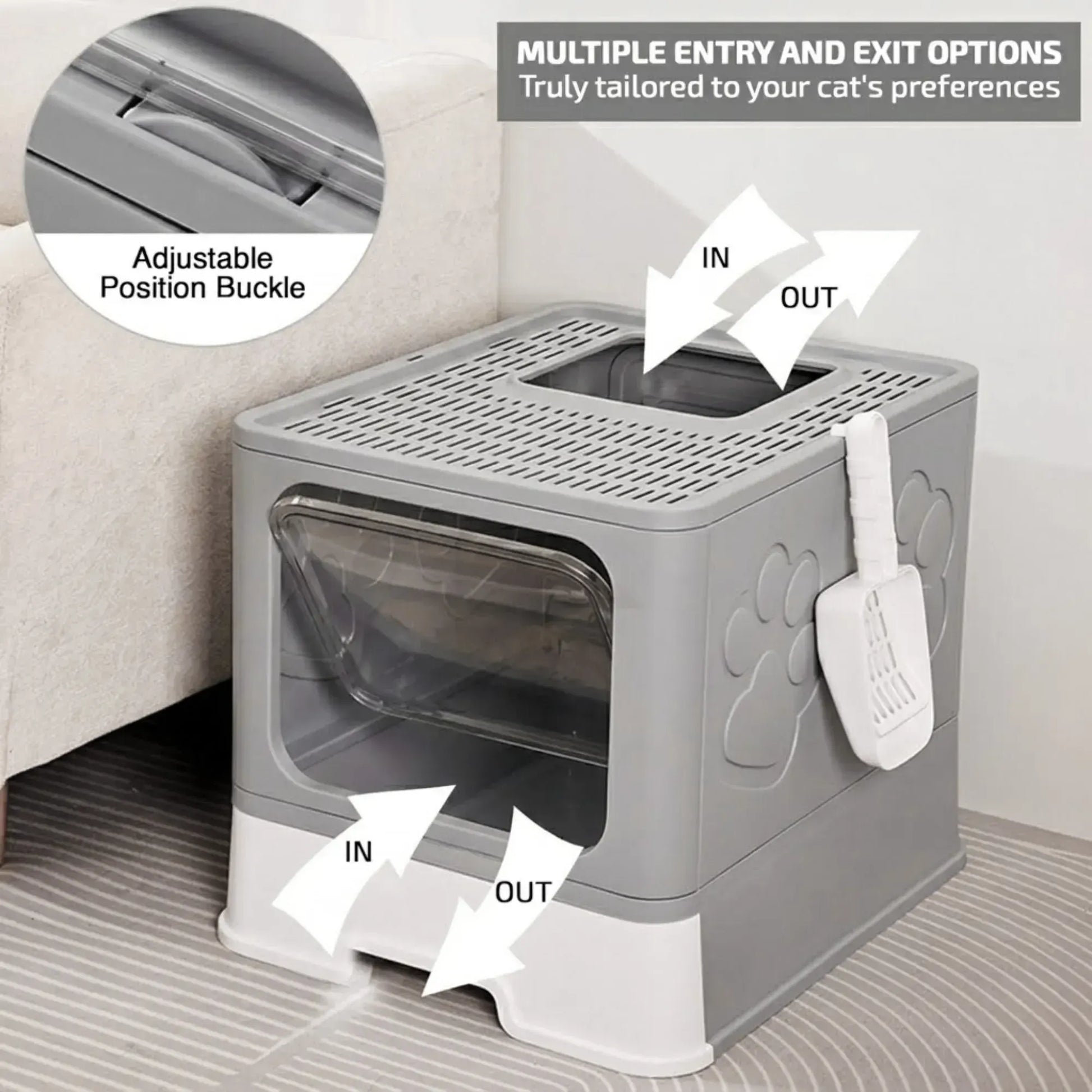 CARLA HOME Foldable Enclosed Cat Litter Box with Scoop - Grey - Plastic - Kitty Litter Tray - Image 6