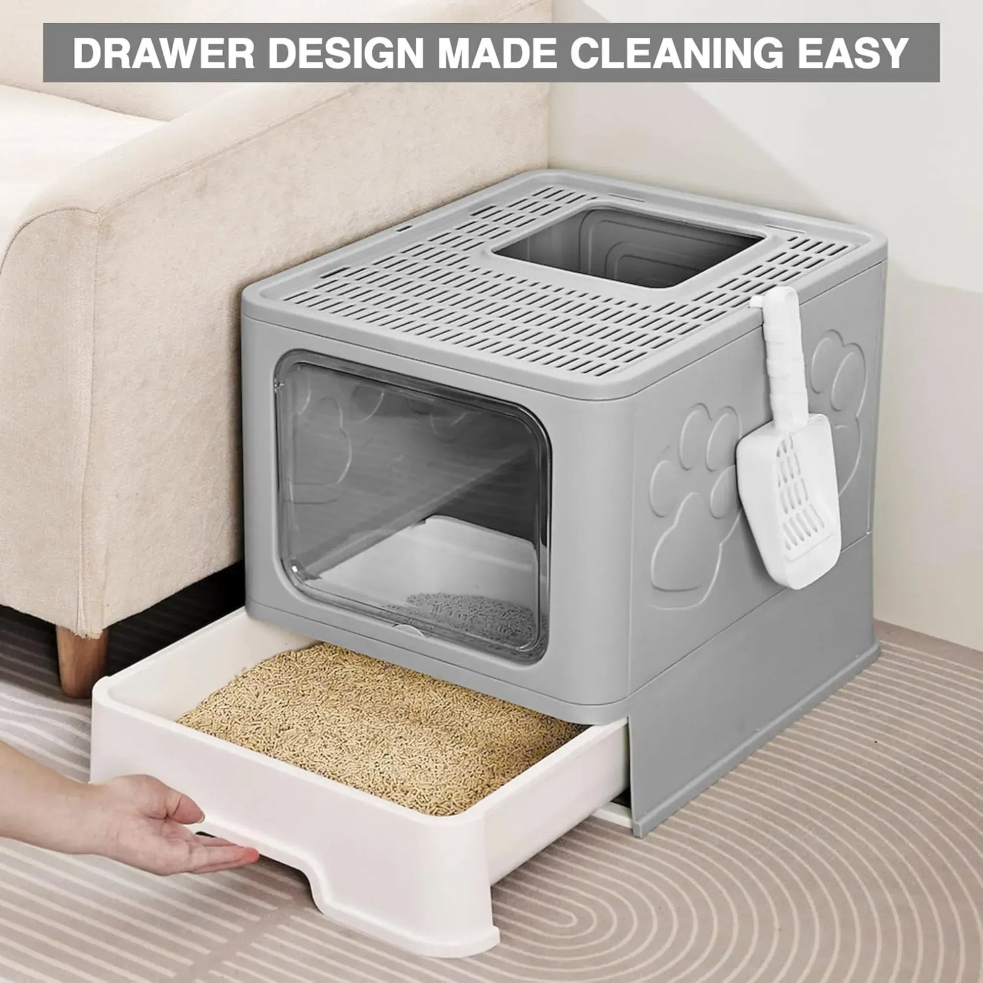 CARLA HOME Foldable Enclosed Cat Litter Box with Scoop - Grey - Plastic - Kitty Litter Tray - Image 7