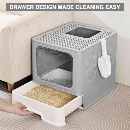 CARLA HOME Foldable Enclosed Cat Litter Box with Scoop - Grey - Plastic - Kitty Litter Tray - Image 7