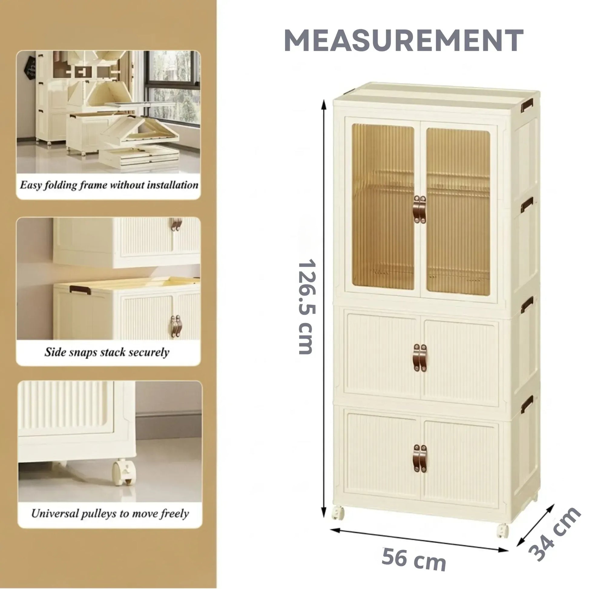 CARLA HOME 3 - Tier Foldable Wardrobe Cabinet - White - Plastic - Clothe Storage - Image 3