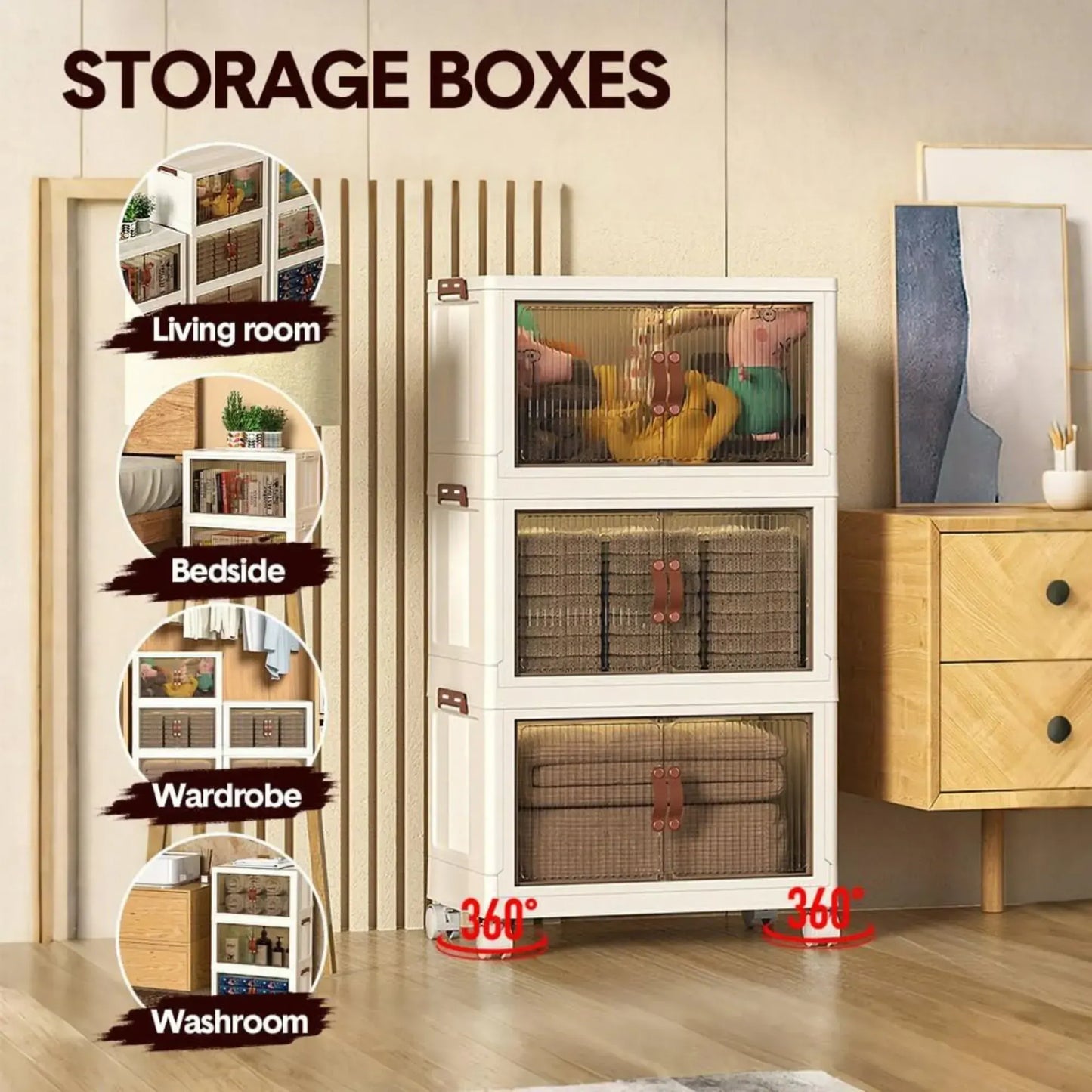 CARLA HOME 3 Tier Stackable Storage Cabinet with Wheels White - Storage Box - Plastic - Image 3