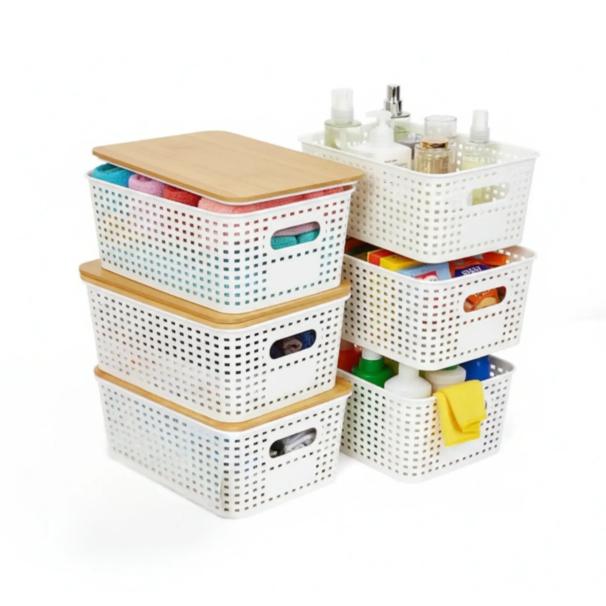 CARLA HOME Storage Bins with Bamboo Lids - 6 Pack - White - Plastic - Storage Bins 6 Pcs