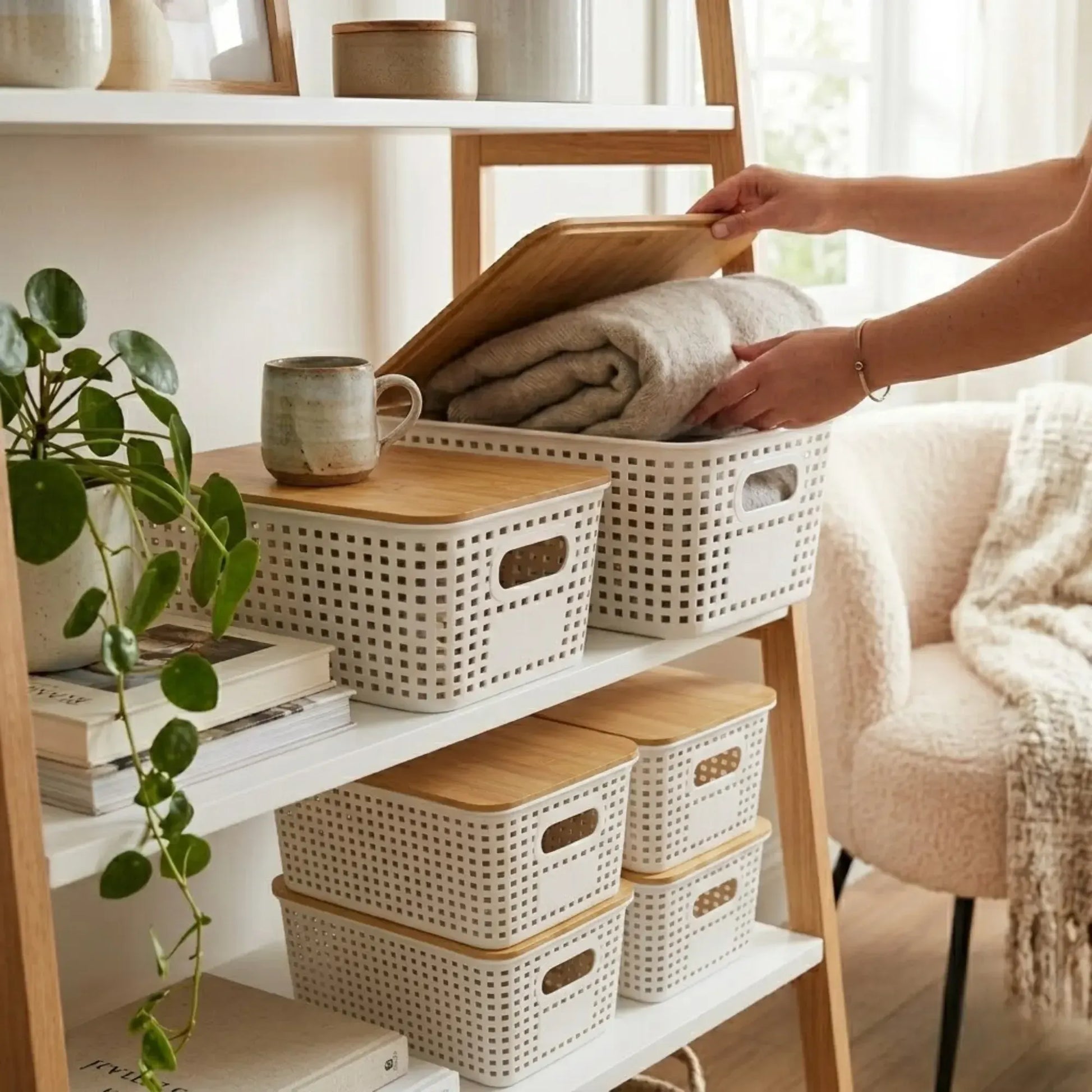 CARLA HOME Storage Bins with Bamboo Lids - 6 Pack - White - Plastic - Storage Bins 6 Pcs - Image 2