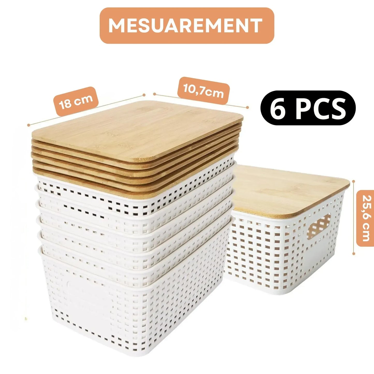 CARLA HOME Storage Bins with Bamboo Lids - 6 Pack - White - Plastic - Storage Bins 6 Pcs - Image 4