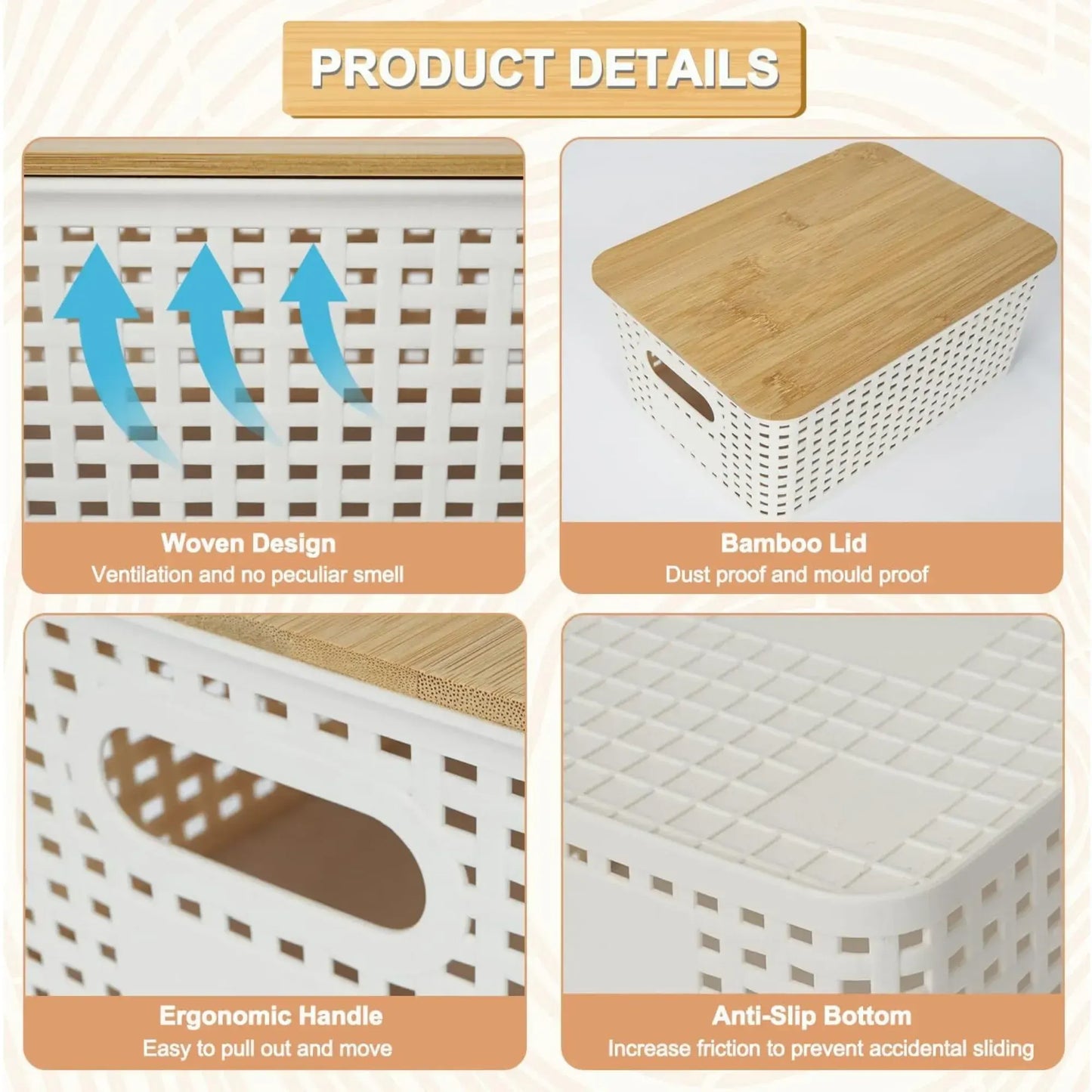 CARLA HOME Storage Bins with Bamboo Lids - 6 Pack - White - Plastic - Storage Bins 6 Pcs - Image 6