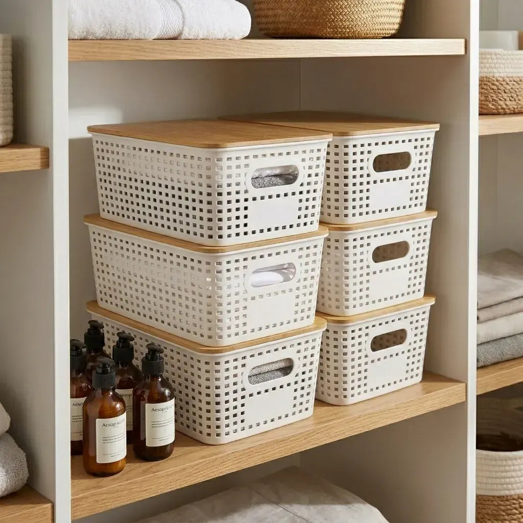 CARLA HOME Storage Bins with Bamboo Lids - 6 Pack - White - Plastic - Storage Bins 6 Pcs - Image 9