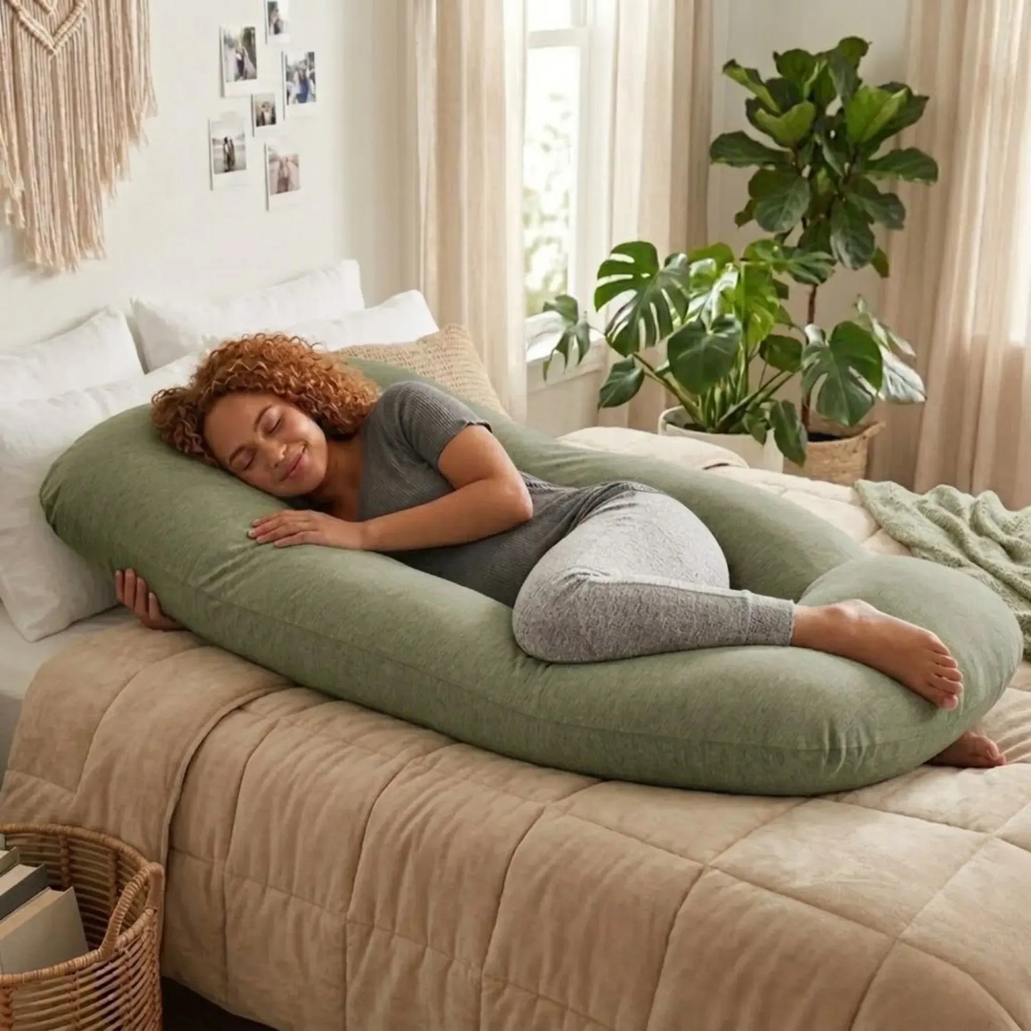 CARLA HOME U Shape Pregnancy Pillow Full Body Support - Green - Polyester - Full Body Pillow - Image 2