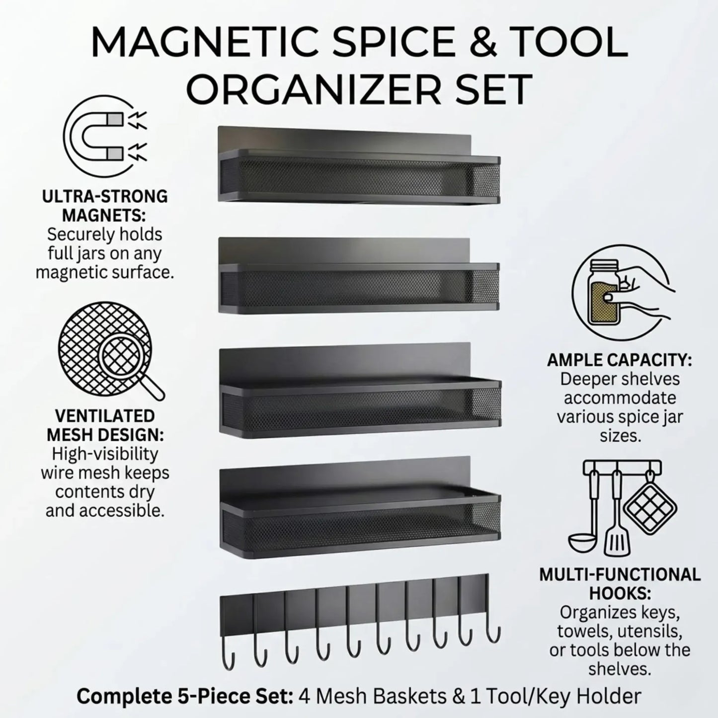 CARLA HOME 5 Pack Magnetic Spice Rack for Fridge Kitchen with Hook Bar - Image 3