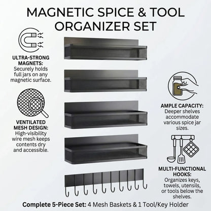 CARLA HOME 5 Pack Magnetic Spice Rack for Fridge Kitchen with Hook Bar - Image 3