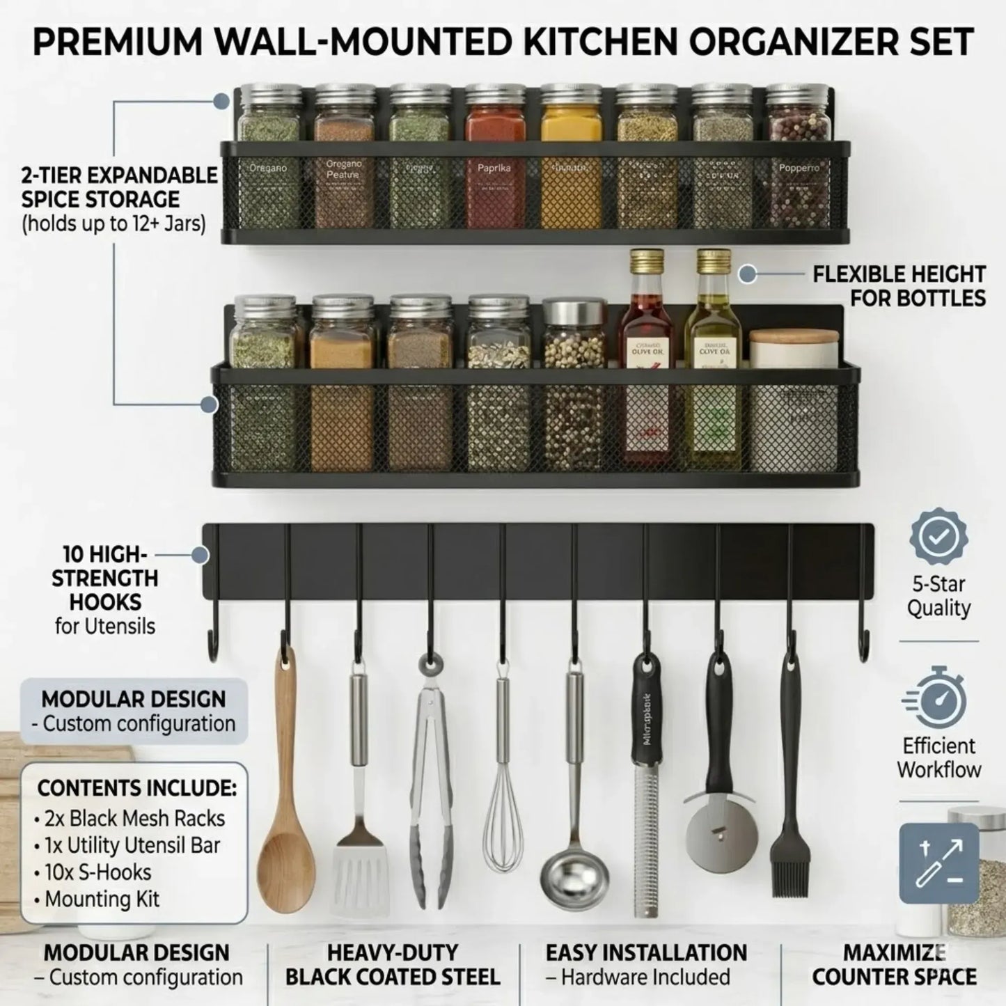 CARLA HOME 3 Pack Magnetic Spice Rack for Fridge Kitchen with Hook Bar - Image 3