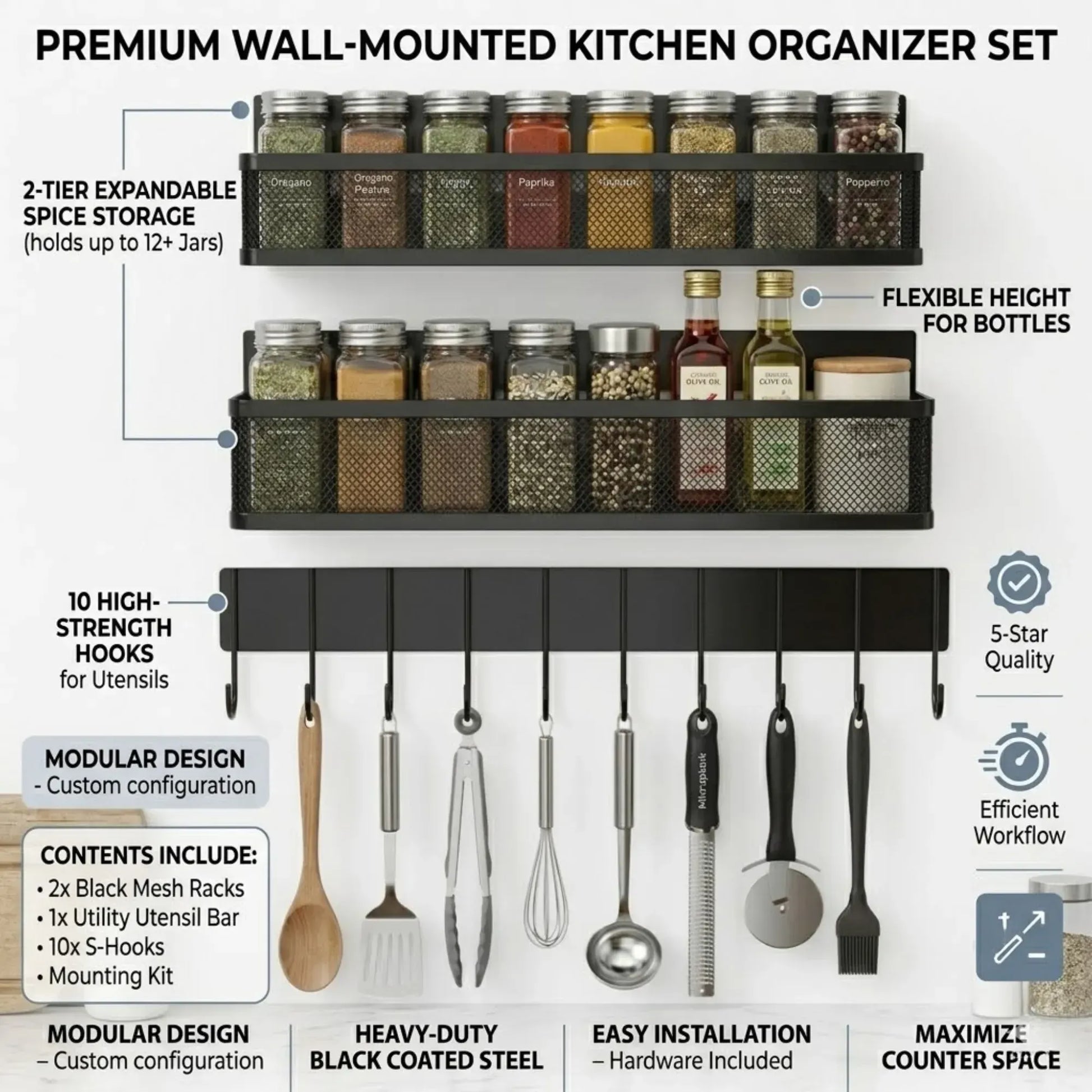 CARLA HOME 3 Pack Magnetic Spice Rack for Fridge Kitchen with Hook Bar - Image 3