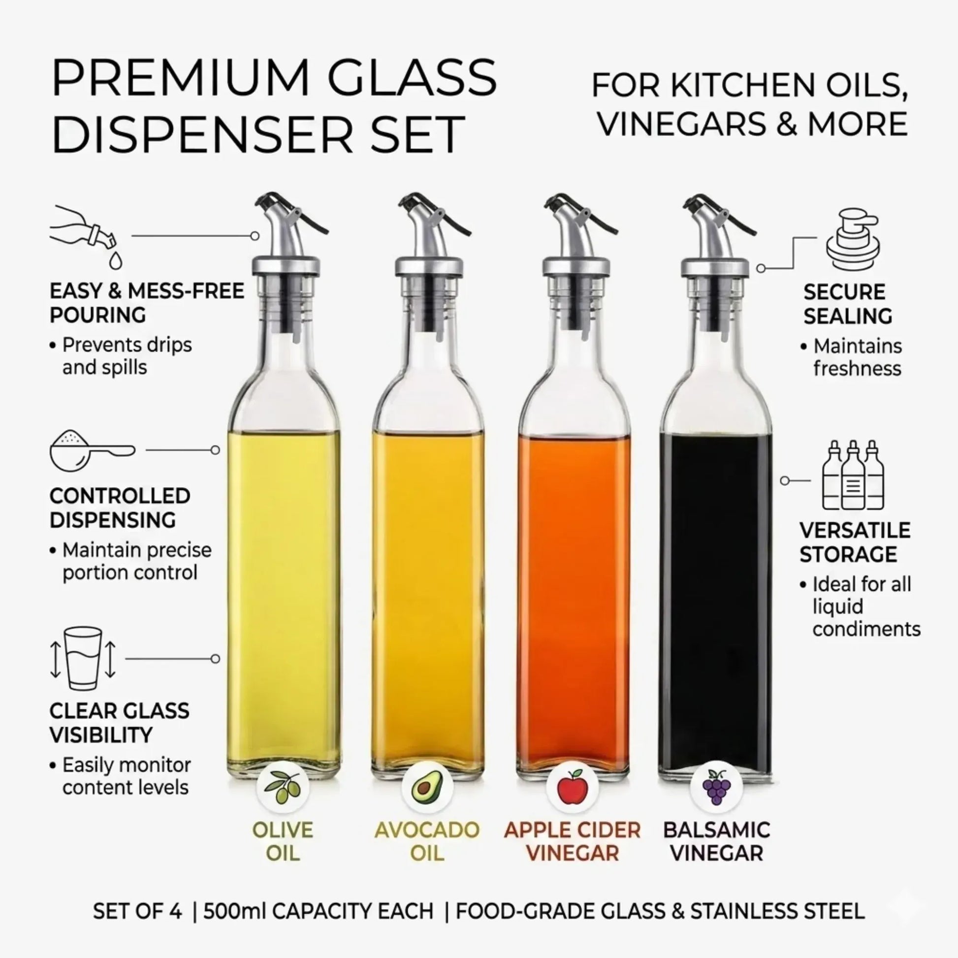 CARLA HOME 4 Pack Glass Oil Dispenser Bottle 500ml Transparent Kitchen - Image 3