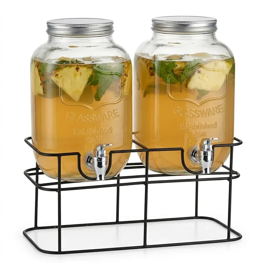 CARLA HOME 2 Pack Glass Drink Dispensers with Juice Pot Stand - 4L