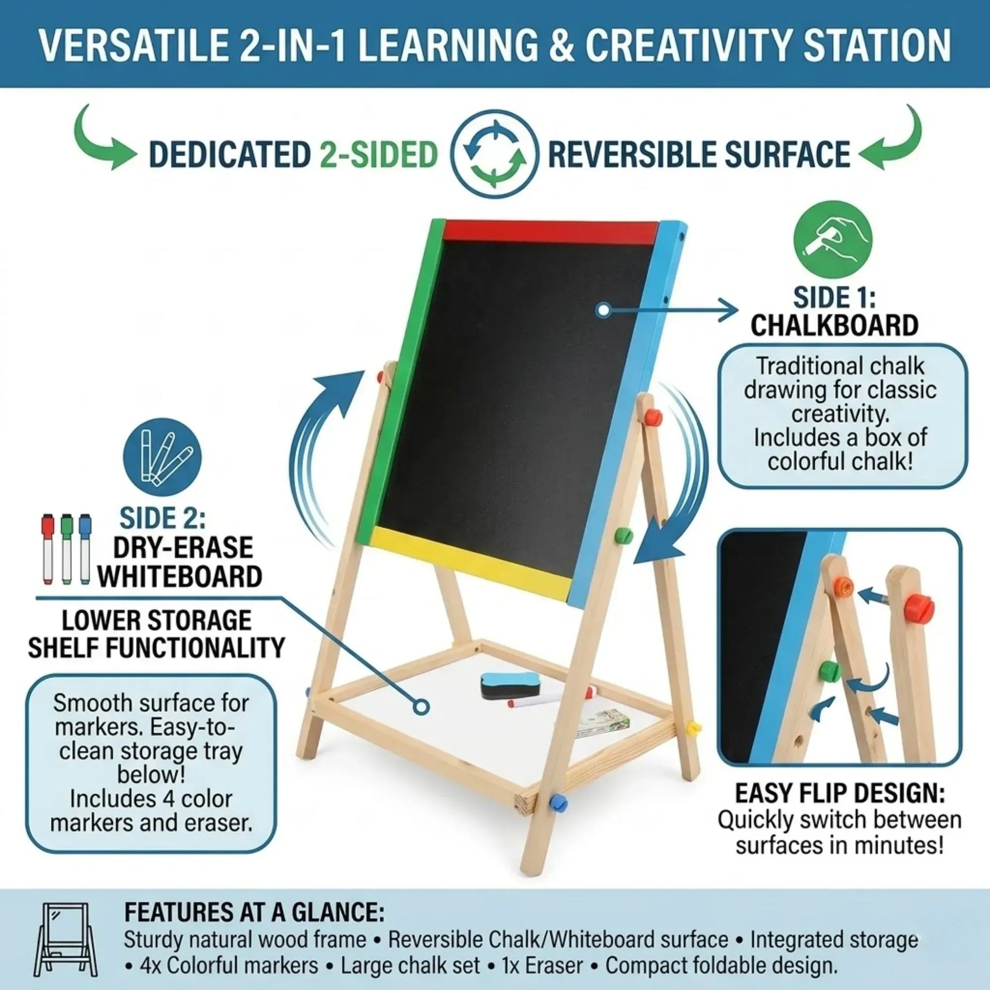 CARLA HOME 2-in-1 Kids Art Easel Chalkboard & Whiteboard - Image 3