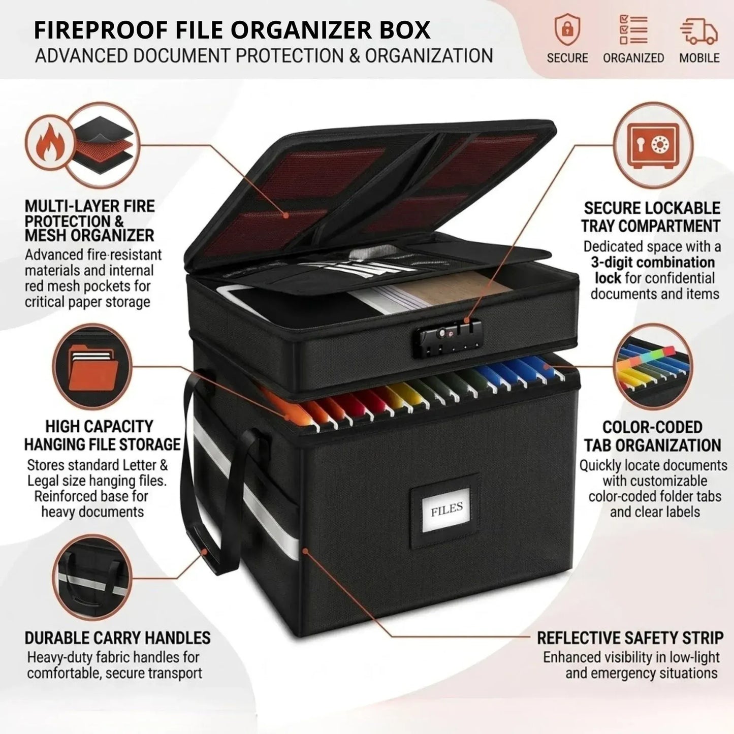 CARLA HOME Fireproof Document Box with Lock - Fabric - Office - Fireproof Document Safe - Image 3