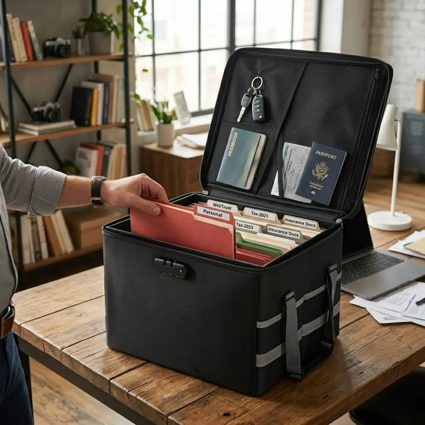 CARLA HOME Fireproof Document Box with Lock - Collapsible Black - Glass Fiber - Reflective Strip Design - Image 2