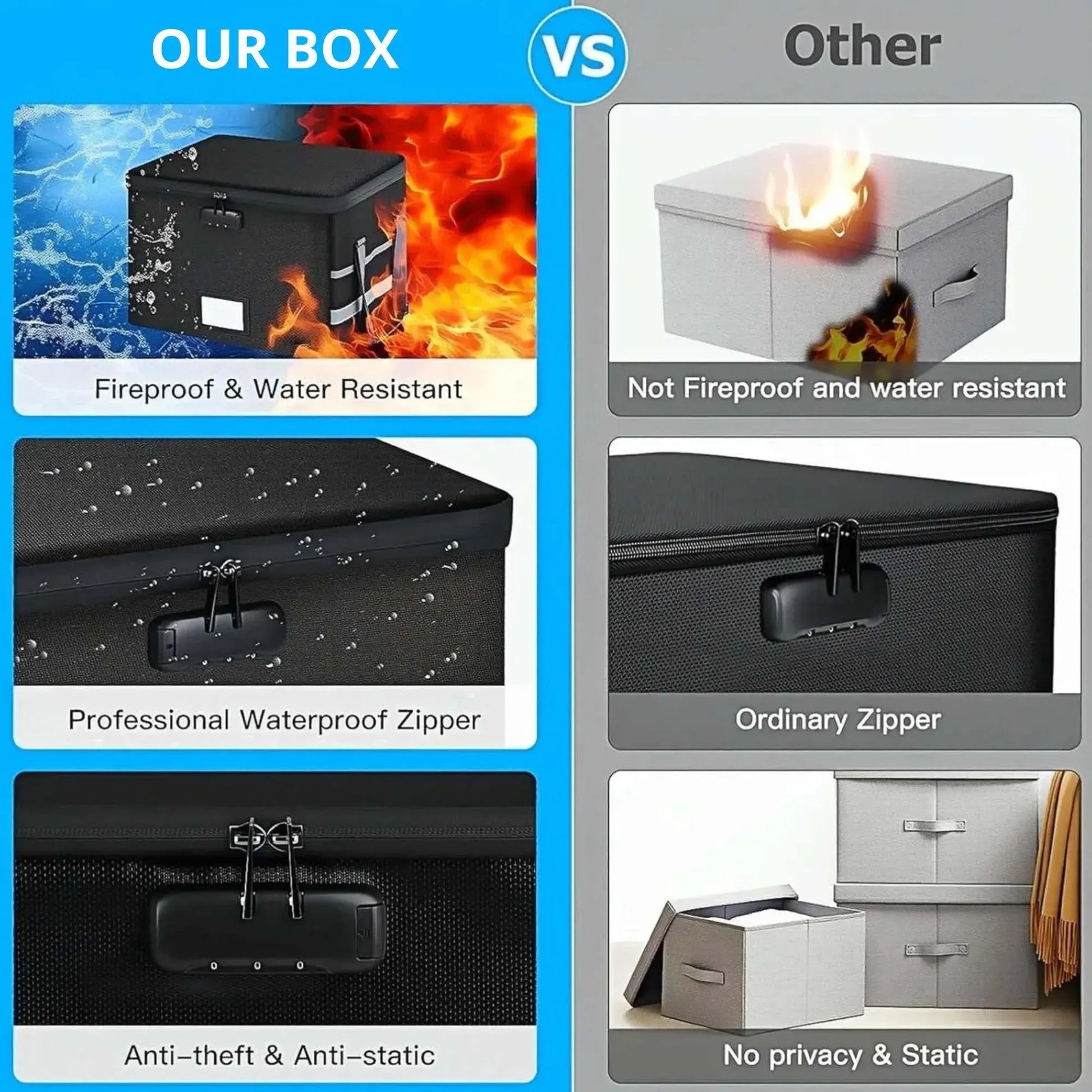 CARLA HOME Fireproof Document Box with Lock - Collapsible Black - Glass Fiber - Reflective Strip Design - Image 5