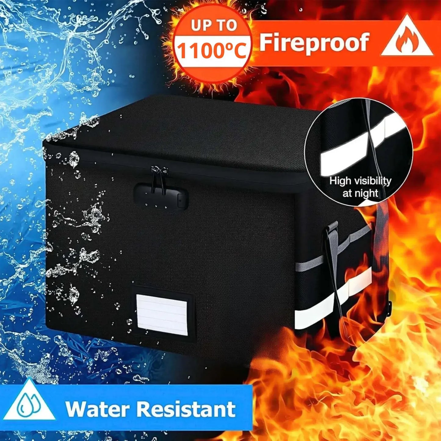 CARLA HOME Fireproof Document Box with Lock - Collapsible Black - Glass Fiber - Reflective Strip Design - Image 7