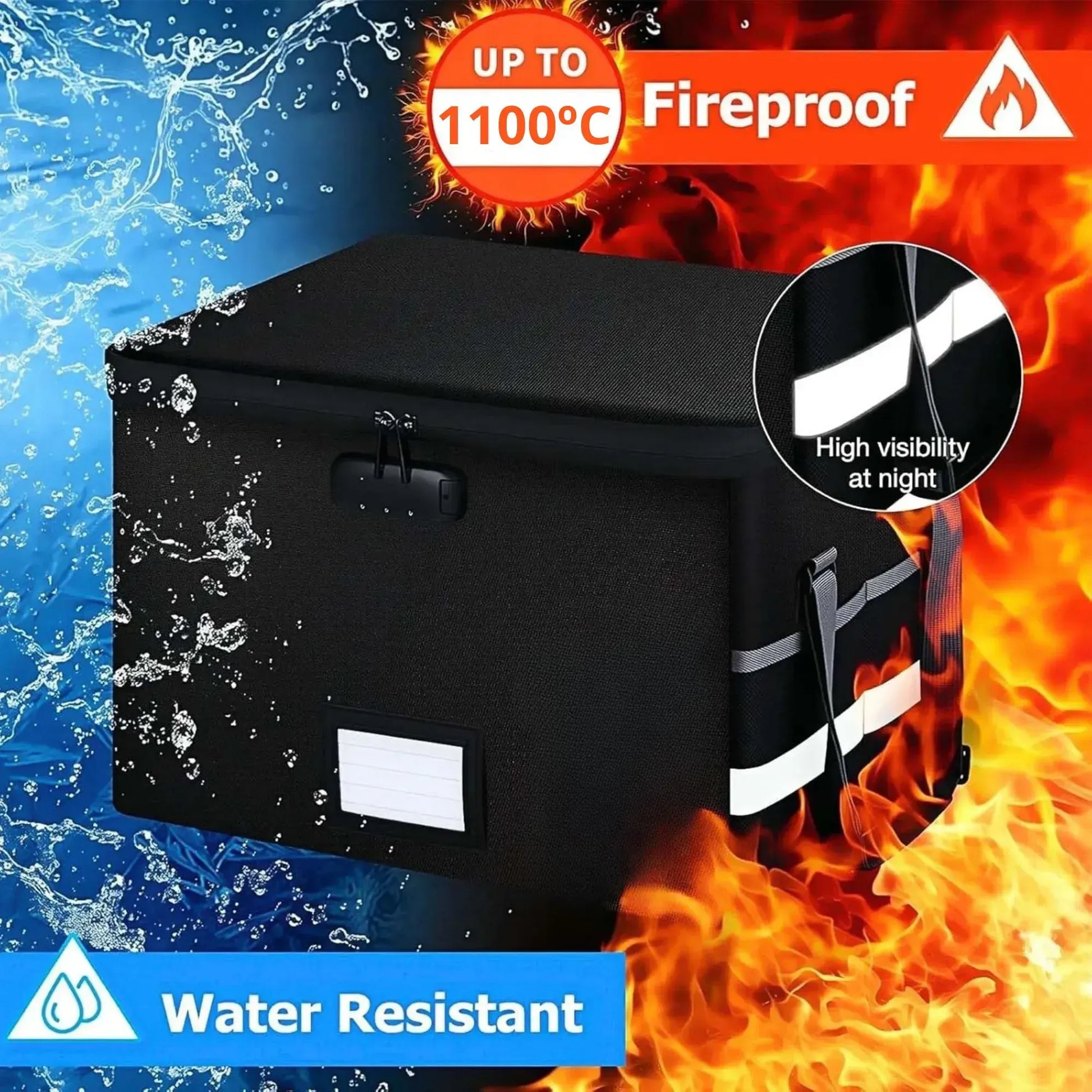 CARLA HOME Fireproof Document Box with Lock - Collapsible Black - Glass Fiber - Reflective Strip Design - Image 7