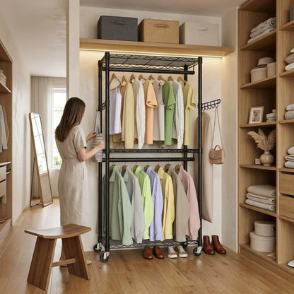 CARLA HOME Double Rail Garment Rack with Shelves - Rolling - Portable Wardrobe - Image 2