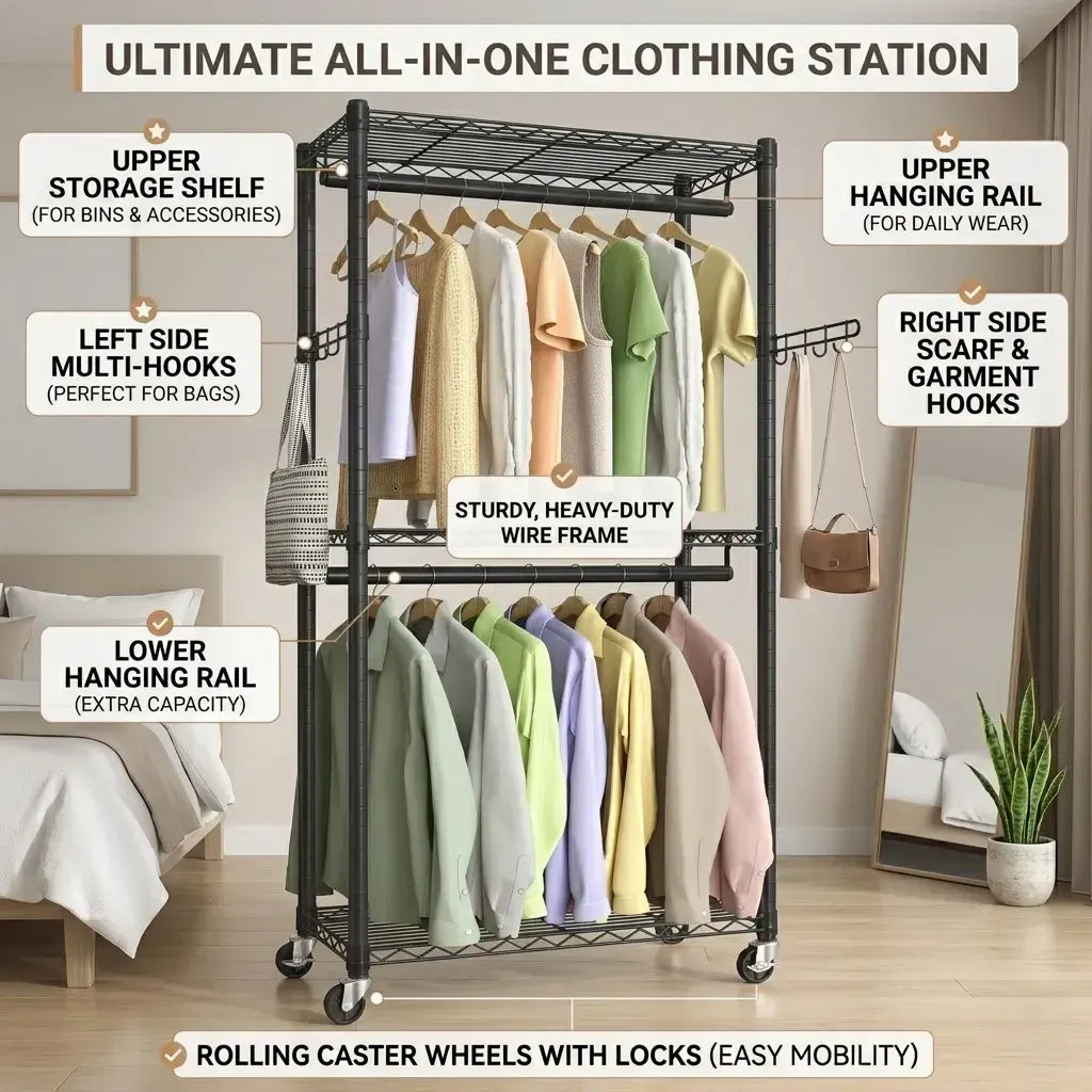 CARLA HOME Double Rail Garment Rack with Shelves - Rolling - Portable Wardrobe - Image 3