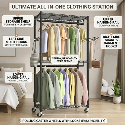 CARLA HOME Double Rail Garment Rack with Shelves - Rolling - Portable Wardrobe - Image 3