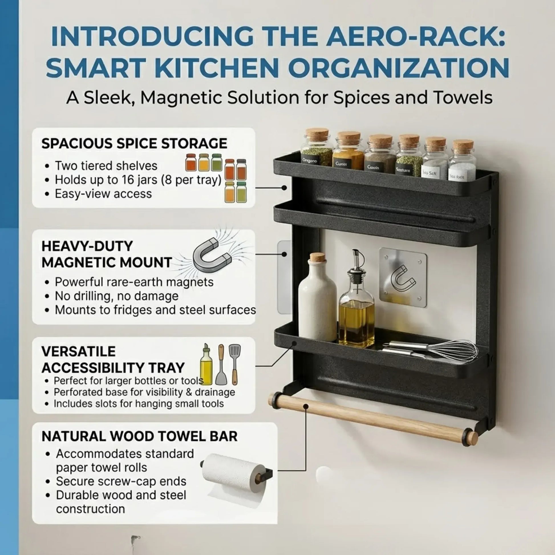 CARLA HOME Magnetic Refrigerator Spice Rack - 2 Tier Fridge Organiser - Black - Image 3
