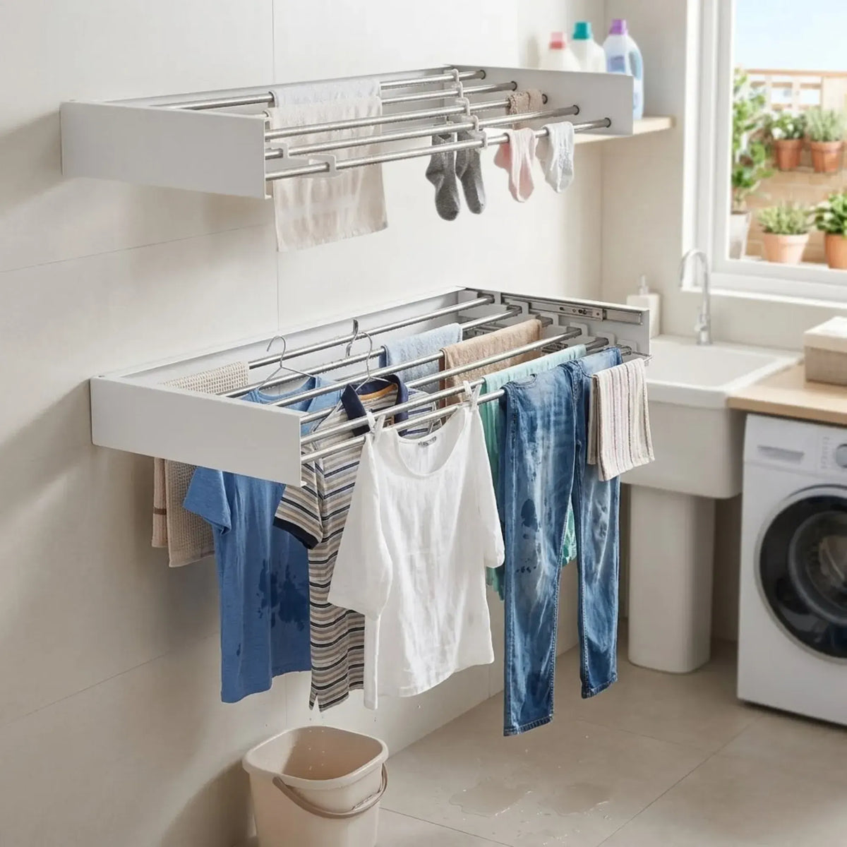 CARLA HOME Wall Mounted Clothes Drying Rack - Foldable - Balcony Folding Clothes - White - Image 2