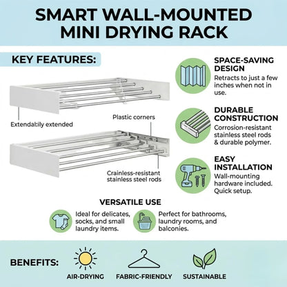 CARLA HOME Wall Mounted Clothes Drying Rack - Foldable - Balcony Folding Clothes - White - Image 3