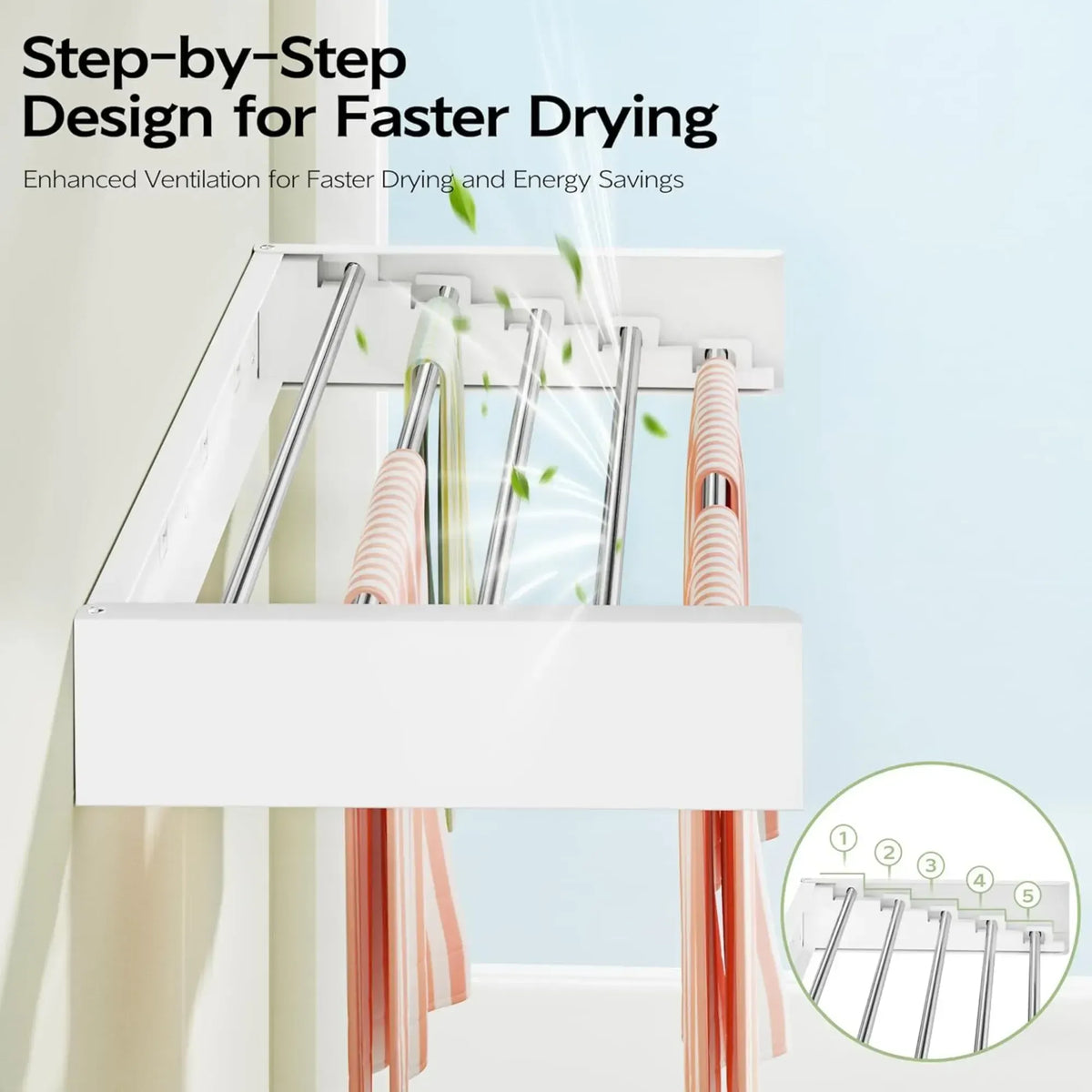 CARLA HOME Wall Mounted Clothes Drying Rack - Foldable - Balcony Folding Clothes - White - Image 6