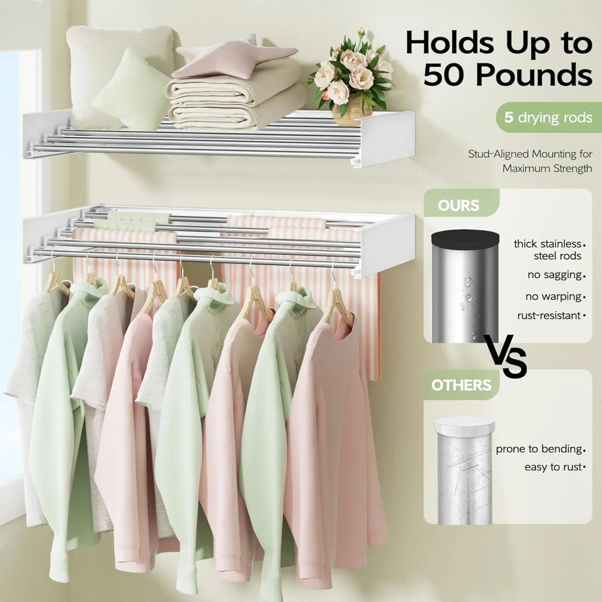 CARLA HOME Wall Mounted Clothes Drying Rack - Foldable - Balcony Folding Clothes - White - Image 7
