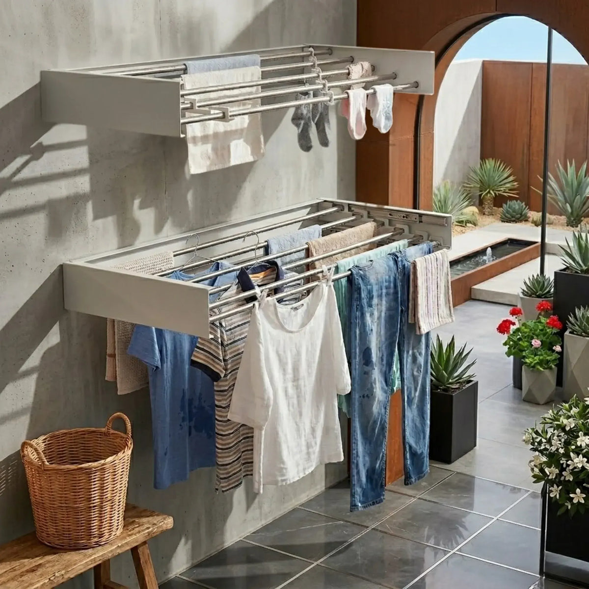 CARLA HOME Wall Mounted Clothes Drying Rack - Foldable - Balcony Folding Clothes - White - Image 9