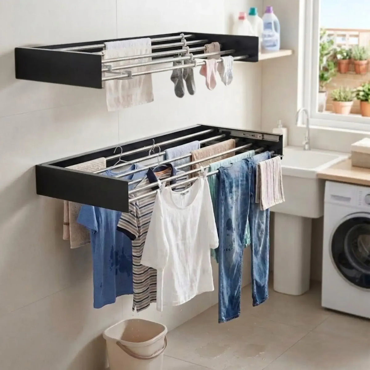 CARLA HOME Wall Mounted Clothes Drying Rack - Foldable - Balcony Folding Clothes - Black - Image 2
