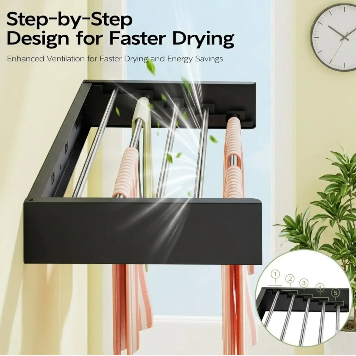 CARLA HOME Wall Mounted Clothes Drying Rack - Foldable - Balcony Folding Clothes - Black - Image 6
